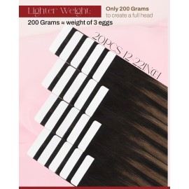 Moresoo Ombre Tape in Extensions Human Hair Tape in Seamless Hair Extensions Balayage Darkest Brown Mix with Medium Brown Real Human Hair Extensions Glue in Balayage Extension 14 Inch 2/6/2 20pcs 50g