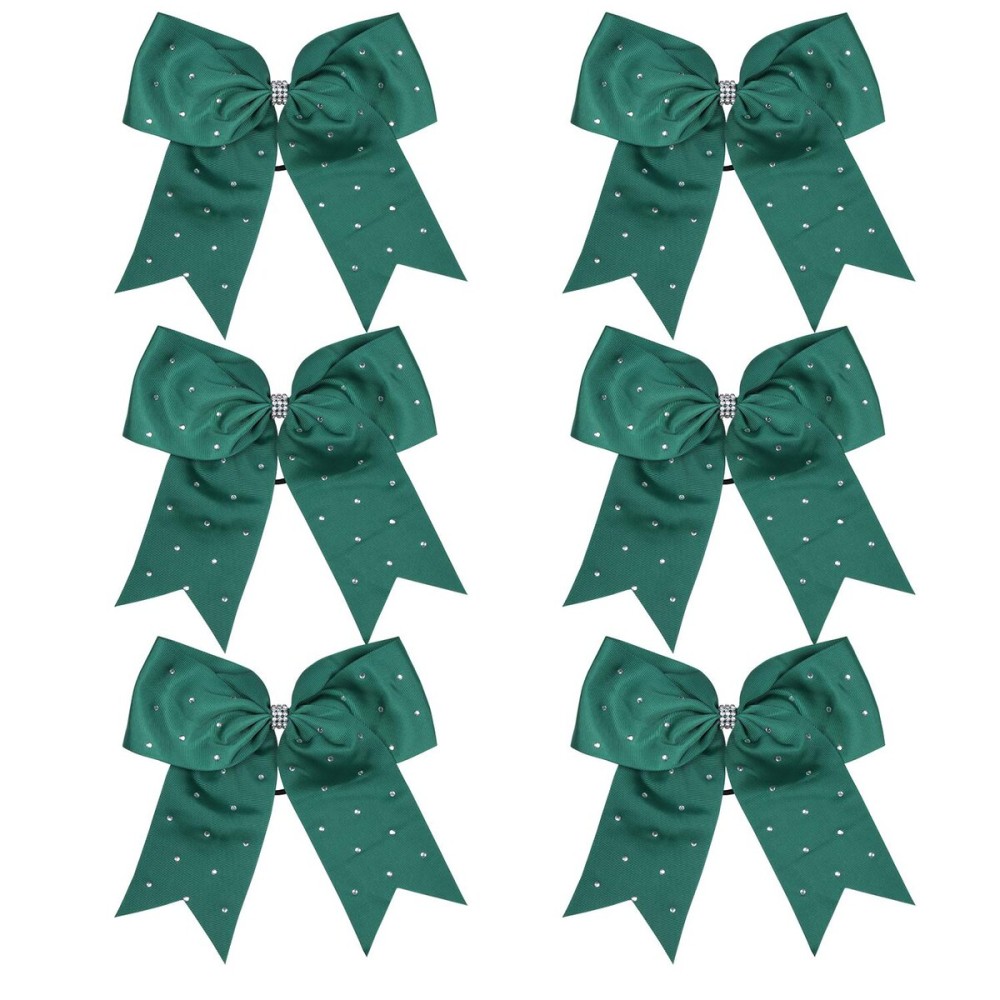 8 Jumbo Cheerleader Bows with Bling Fling Rhinestones Ponytail Holder Cheerleading Bows Hair Tie 6 Pcs College (Forest Green)
