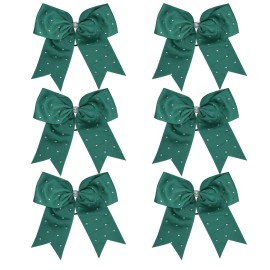 8 Jumbo Cheerleader Bows with Bling Fling Rhinestones Ponytail Holder Cheerleading Bows Hair Tie 6 Pcs College (Forest Green)