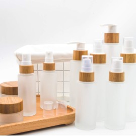 1PC 120ml/4oz Empty Refillable Frosted Glass Pump Press Bottle Makeup Cosmetic Container Packing Jar Vial Holder Pot with Bamboo Pump Head for Lotion Emulsion Essence Shampoo Shower Gel Toiletries