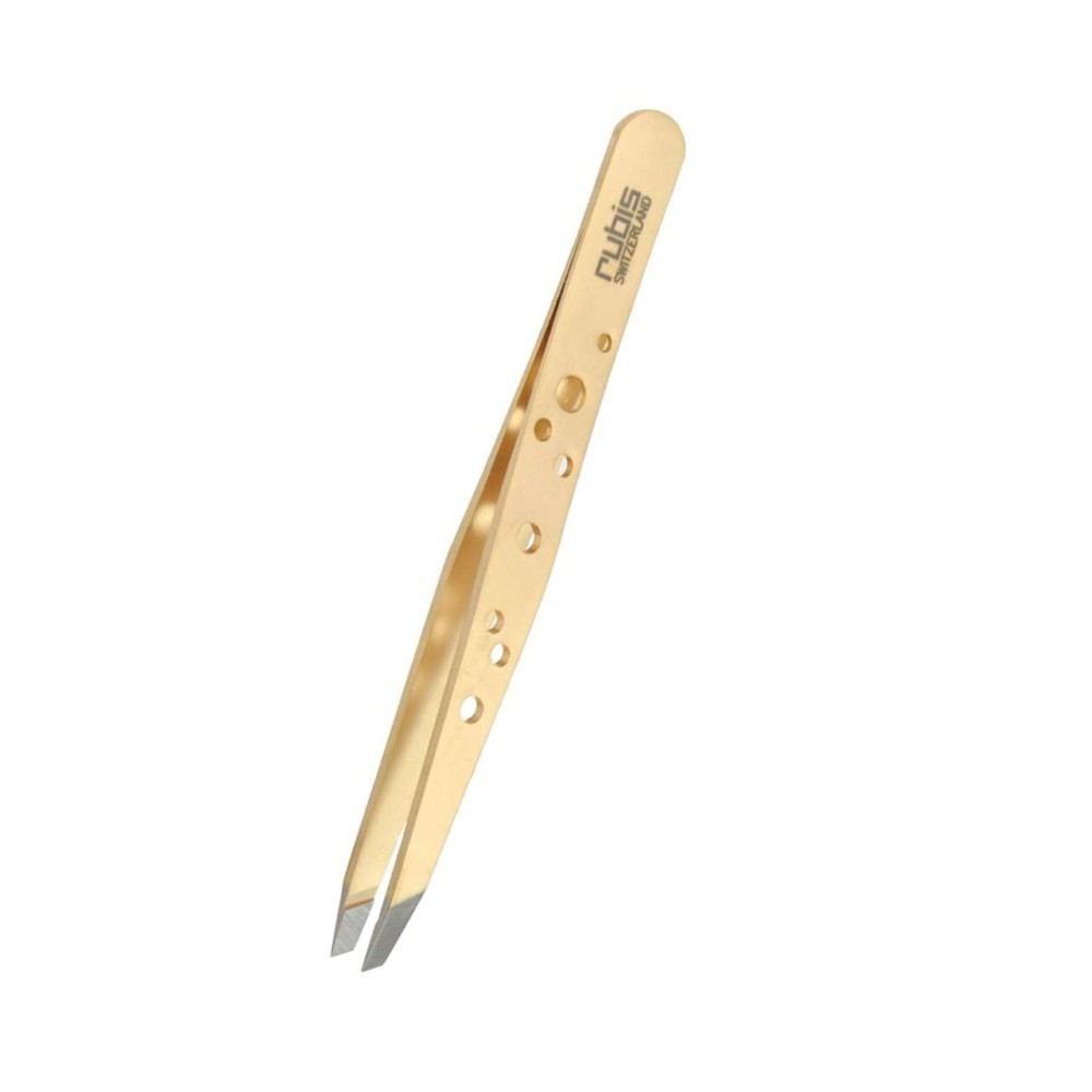 Rubis Hole Pattern Classic Stainless Steel Slanted Tweezers For Precise Eyebrows and Hair Removal, 1K111GOLD, Gold, The Elegance Collection,Rubis Switzerland Swiss Made World Renowned Precision