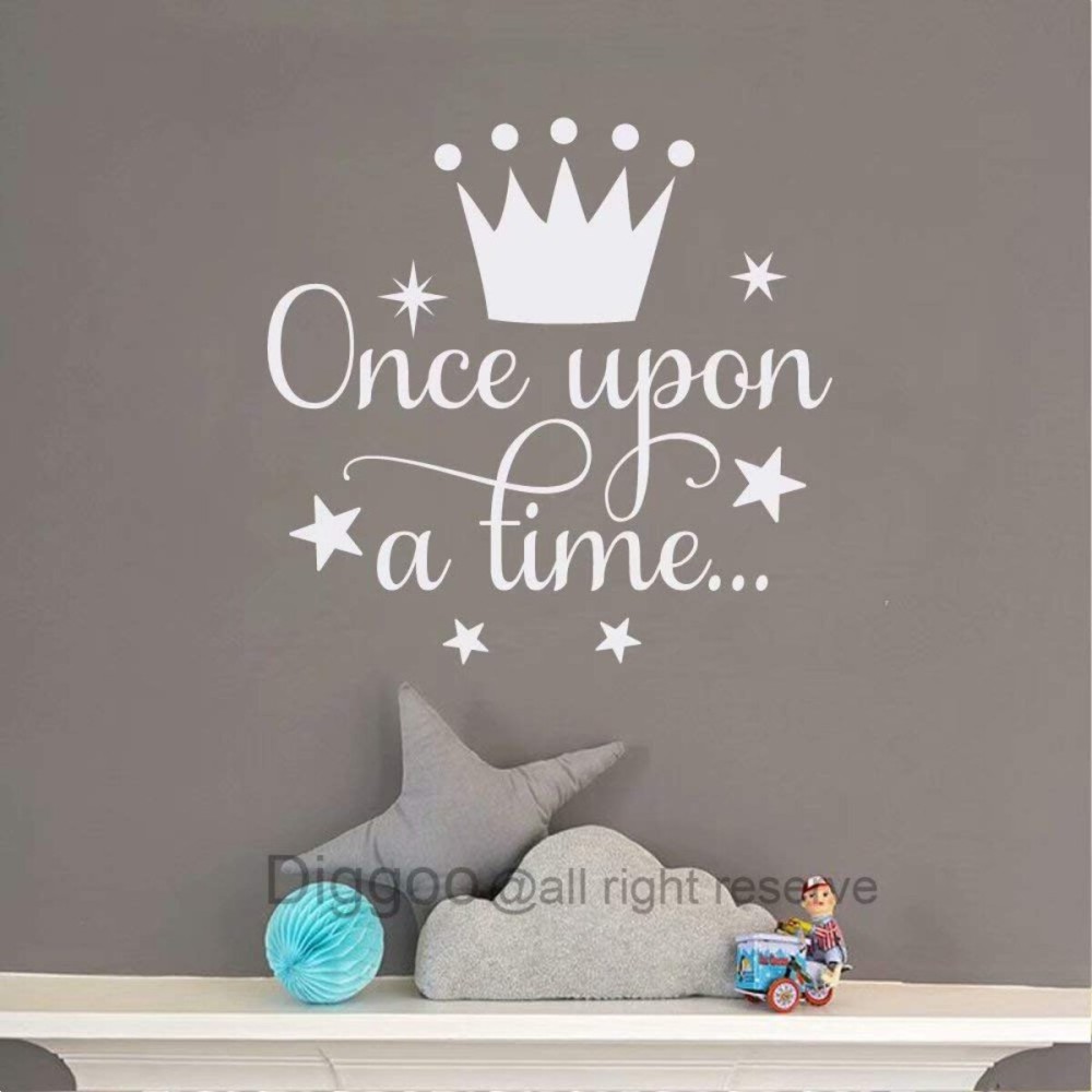 Diggoo Once Upon A Time Wall Decal Fairytale Decal Princess Crown Decor Girls Bedroom Decor Kids Room Quotes (White,14 h x 14.5 w)