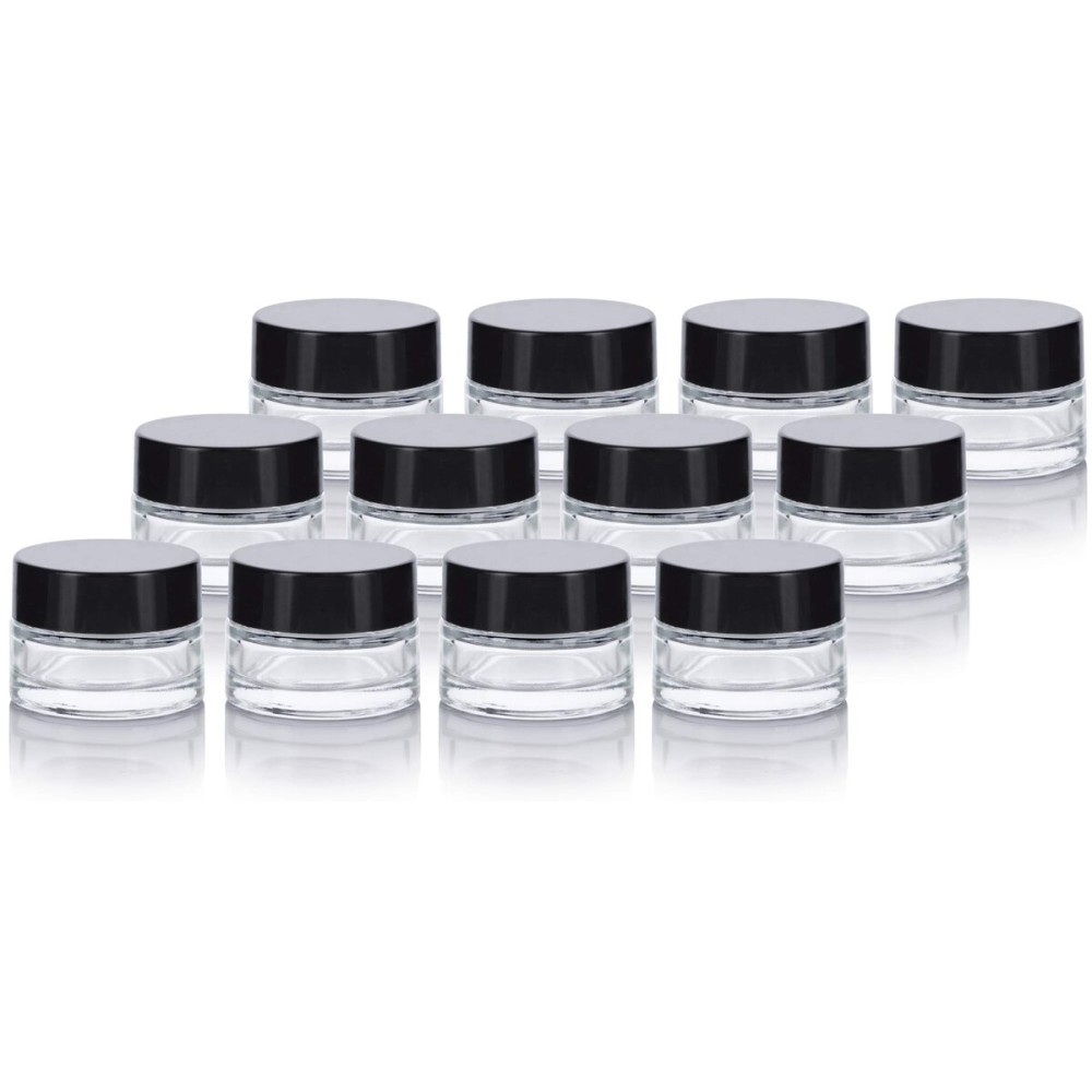 Clear Glass 0.25 oz Small Thick Wall Balm Jars with Black Foam Lined Smooth Lids (12 pack)