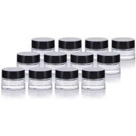 Clear Glass 0.25 oz Small Thick Wall Balm Jars with Black Foam Lined Smooth Lids (12 pack)