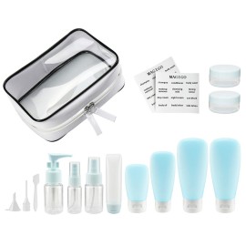 MAGIGO Blue Toiletries Leak Proof Travel Bottle Set (16 Pack), TSA Approved Airline Carry-On with Clear Bags for Women