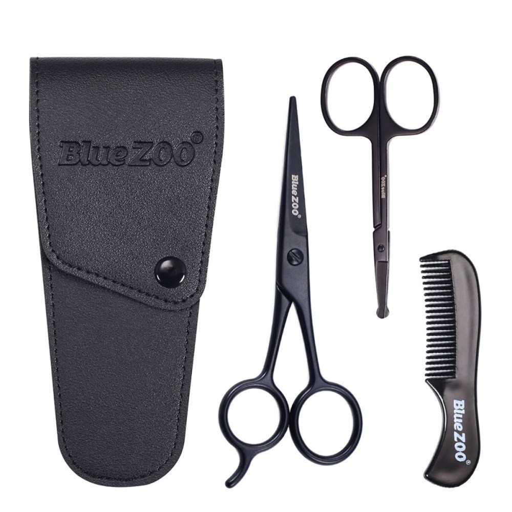 BlueZOO Beard Mustache Scissors and Comb Kit with PU Storage Bag, Rounded Safety Nose Hair Scissor for Men and Women Care Grooming, Ear Trimming Tool, Shears for Personal Grooming, Cutting & Styling BlueZOO Beard Mustache Scissors and Comb Kit with PU Storage Bag, Rounded Safety Nose Hair Scissor for Men and Women Care Grooming, Ear Trimming Tool, Shears for Personal Grooming, Cutting & Styling