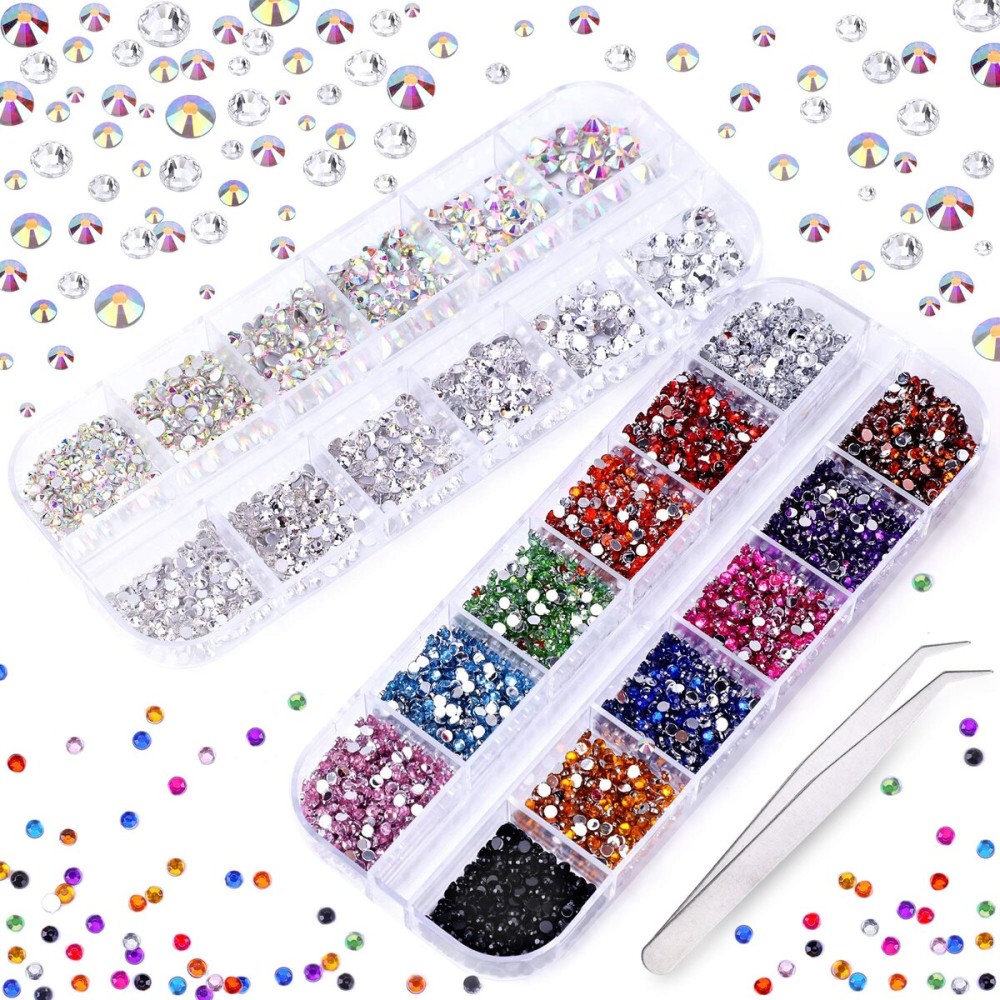 3000 PCS Rhinestones for Craft, PHOGARY AB Rhinestones Flat Back (Small Size 1.5-5 mm) 13 Colors with Pick Up Tweezer for Crafts Nail Face Art Clothes Shoes Bags Phone Case DIY