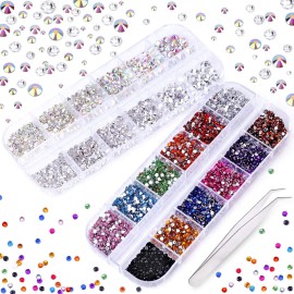 3000 PCS Rhinestones for Craft, PHOGARY AB Rhinestones Flat Back (Small Size 1.5-5 mm) 13 Colors with Pick Up Tweezer for Crafts Nail Face Art Clothes Shoes Bags Phone Case DIY