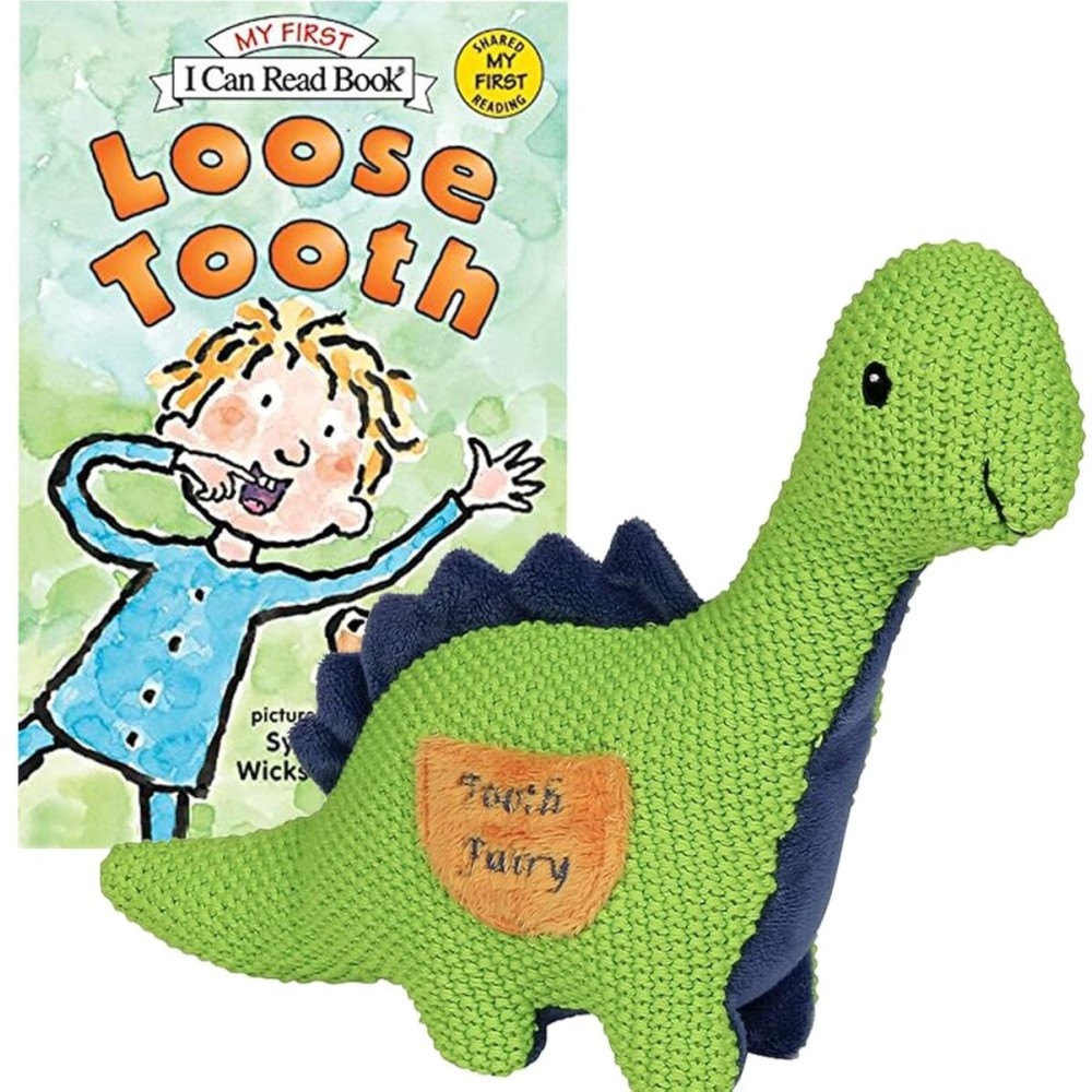 Maison Chic Tooth Fairy Kit - Danny The Dinosaur Plush Figure w/Pocket, Loose Tooth a Tooth Fairy Book for Little Boys About to Loose a Tooth