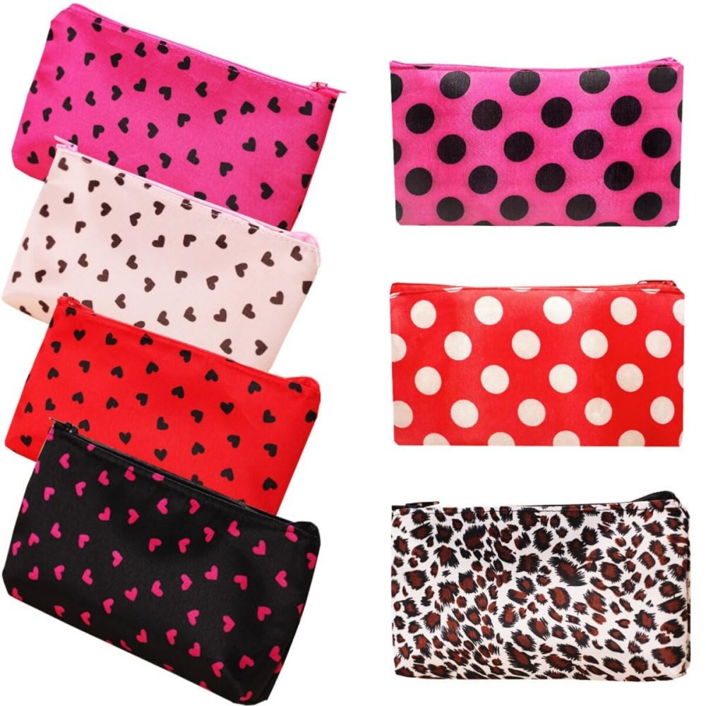 HappyDaily Pack of 7 Fashion Design Muliti-functional Bag Using as Makeup bag or Cosmetic Pouch or Travel Toiletry or Carrying Purse (Heart(Pink/Hotpink/Red/Black)+Polka Dot(Hotpink/Red)+Leopard)