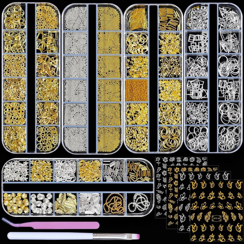 editTime 5 Boxes Gold Silver 3D Metal Punk Studs Star Moon Heart Triangle Ring Square Rivet Gems Nail Art Jewels and 4 Sheets Nail Stickers with a Curved Tweezers and a Nail Brush (gold & silver)
