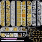 editTime 5 Boxes Gold Silver 3D Metal Punk Studs Star Moon Heart Triangle Ring Square Rivet Gems Nail Art Jewels and 4 Sheets Nail Stickers with a Curved Tweezers and a Nail Brush (gold & silver)
