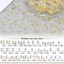 editTime 5 Boxes Gold Silver 3D Metal Punk Studs Star Moon Heart Triangle Ring Square Rivet Gems Nail Art Jewels and 4 Sheets Nail Stickers with a Curved Tweezers and a Nail Brush (gold & silver)