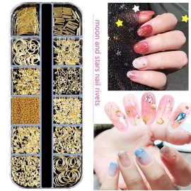 editTime 5 Boxes Gold Silver 3D Metal Punk Studs Star Moon Heart Triangle Ring Square Rivet Gems Nail Art Jewels and 4 Sheets Nail Stickers with a Curved Tweezers and a Nail Brush (gold & silver)
