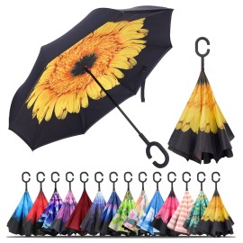 LLanxiry Windproof Inverted Umbrella, Large Reverse Umbrellas for Rain with C-shaped Handle Big Upside Down Inside Out Umbrella for Women & Men (sunflower)