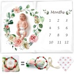 Baby Monthly Milestone Blanket for Girl & Boy - Floral Plush Fleece for Baby Photo - Baby Shower/Registry Gift - Baby Safe Soft Wrinkle Free - Swaddle and Throw - Bonus Wreath + Organic Cotton Bib