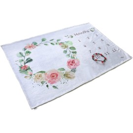Baby Monthly Milestone Blanket for Girl & Boy - Floral Plush Fleece for Baby Photo - Baby Shower/Registry Gift - Baby Safe Soft Wrinkle Free - Swaddle and Throw - Bonus Wreath + Organic Cotton Bib