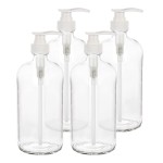 kitchentoolz 32 Ounce Large Clear Glass Boston Round Bottles with White Pumps. Great for Lotions, Soaps, Oils, Sauces and DIY Laundry Detergent - Food Safe and Medical Grade (Pack of 4)