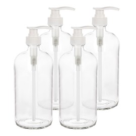kitchentoolz 32 Ounce Large Clear Glass Boston Round Bottles with White Pumps. Great for Lotions, Soaps, Oils, Sauces and DIY Laundry Detergent - Food Safe and Medical Grade (Pack of 4)