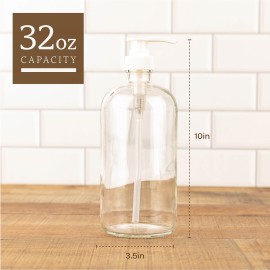 kitchentoolz 32 Ounce Large Clear Glass Boston Round Bottles with White Pumps. Great for Lotions, Soaps, Oils, Sauces and DIY Laundry Detergent - Food Safe and Medical Grade (Pack of 4)