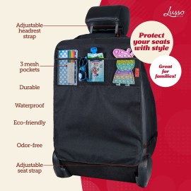 Lusso Gear Heavy Duty Kick Mats (2 Pk) - Back Seat Protector, Sag Proof, Waterproof, Car Back Seat Cover for Kids Who Make Big Messes, 3 Reinforced Storage Pockets, Premium Oxford Fabric (Gray)