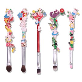 Alice in Wonderland Makeup Brush Set,5pcs Cute Alice Flower Makeup Brushes with Premium Synthetic Fiber and Metal Handle for Blush, Foundation, and Lips, Prefect Gift for Sister Teenager Girl