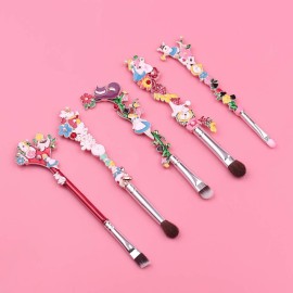 Alice in Wonderland Makeup Brush Set,5pcs Cute Alice Flower Makeup Brushes with Premium Synthetic Fiber and Metal Handle for Blush, Foundation, and Lips, Prefect Gift for Sister Teenager Girl