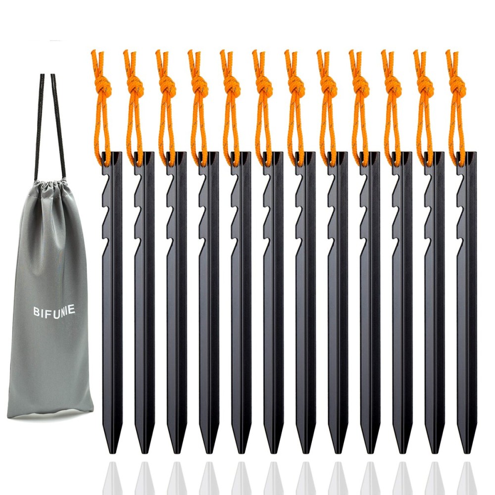 Aluminum Alloy Tent Stakes Pegs, 12-Pack Aluminum Ground Pegs with Reflective Pull Ropes, Lightweight Metal Stakes Pegs for Camping Tents Hammocks (Black)