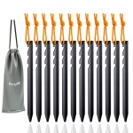 Aluminum Alloy Tent Stakes Pegs, 12-Pack Aluminum Ground Pegs with Reflective Pull Ropes, Lightweight Metal Stakes Pegs for Camping Tents Hammocks (Black)