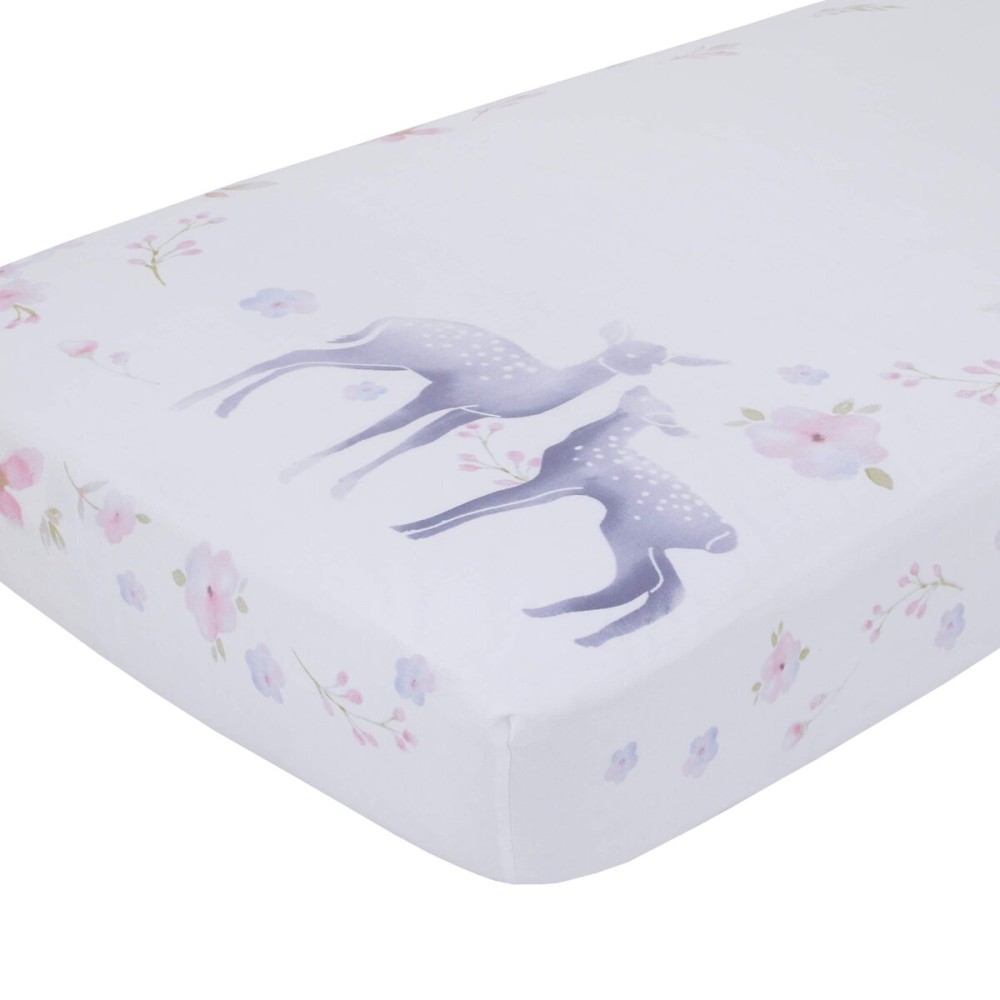 NoJo Watercolor Deer 100% Cotton Sateen Photo Op Fitted Crib Sheet, Pink/Grey/White/Blue