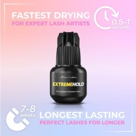 Extreme Hold Eyelash Extension Glue for Professionals | Strongest Black Lash Adhesive for Long Lasting Semi Permanent Individual Lash Extensions | 0.5-1s Fastest Drying & up to 8 Weeks Retention