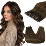 Sunny Hair Clip in Hair Extensions Straight Human Hair Clip in Extensions Remy Clip in Hair Extensions Real Human Hair Extensions Clip ins Dark Brown Balayage Color 2/6/2 22inch