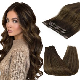 Sunny Hair Clip in Hair Extensions Straight Human Hair Clip in Extensions Remy Clip in Hair Extensions Real Human Hair Extensions Clip ins Dark Brown Balayage Color 2/6/2 22inch