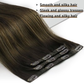Sunny Hair Clip in Hair Extensions Straight Human Hair Clip in Extensions Remy Clip in Hair Extensions Real Human Hair Extensions Clip ins Dark Brown Balayage Color 2/6/2 22inch