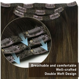 Sunny Hair Clip in Hair Extensions Straight Human Hair Clip in Extensions Remy Clip in Hair Extensions Real Human Hair Extensions Clip ins Dark Brown Balayage Color 2/6/2 22inch