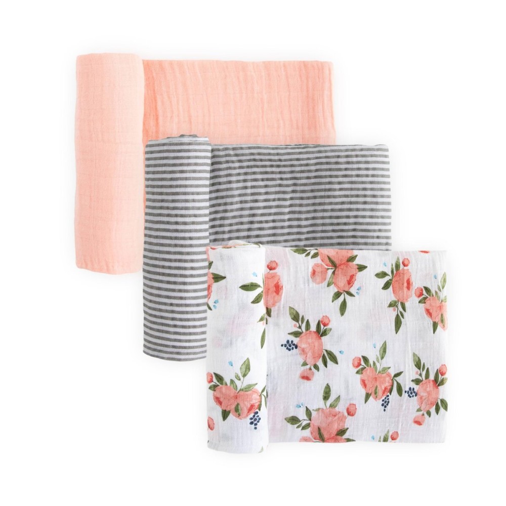 Little Unicorn Premium Muslin Swaddle Blanket 3 Pack | for swaddling, Play, Nursing & More | Giftable Set of 3 (Watercolor Roses)