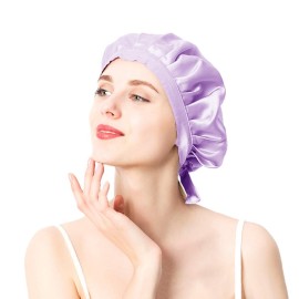 moonsix Women\'s Natural Silk Night Cap Satin Sleep Caps Elastic Head Cover Bonnet for Hair Care,Tape,Light Purple