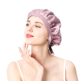 moonsix Women\'s Natural Silk Night Cap Satin Sleep Caps Elastic Head Cover Bonnet for Hair Care,Tape,Deep Pink