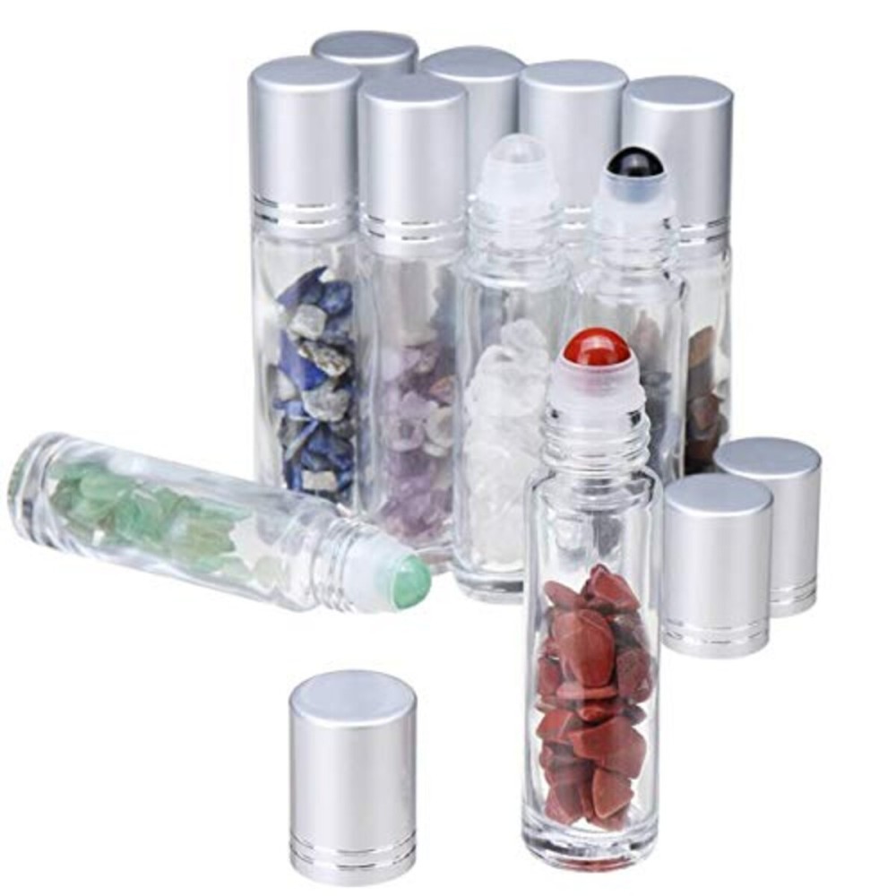 Clear Glass Roller Bottles,10 Pack 10ml 0.33fl oz Gemstone Roller Ball For Essential Oils,Natural Crystal Stones Roller Balls With Silver Lid,Thick Glass Roll on Bottle-Healing Crystal Chips Inside Clear Glass Roller Bottles,10 Pack 10ml 0.33fl oz Gemstone Roller Ball For Essential Oils,Natural Crystal Stones Roller Balls With Silver Lid,Thick Glass Roll on Bottle-Healing Crystal Chips Inside
