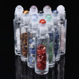 Clear Glass Roller Bottles,10 Pack 10ml 0.33fl oz Gemstone Roller Ball For Essential Oils,Natural Crystal Stones Roller Balls With Silver Lid,Thick Glass Roll on Bottle-Healing Crystal Chips Inside Clear Glass Roller Bottles,10 Pack 10ml 0.33fl oz Gemstone Roller Ball For Essential Oils,Natural Crystal Stones Roller Balls With Silver Lid,Thick Glass Roll on Bottle-Healing Crystal Chips Inside