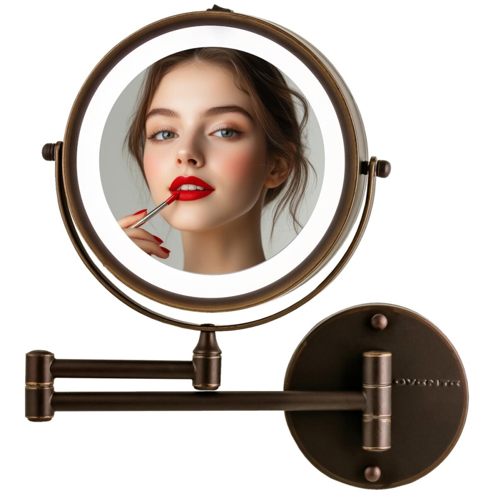 OVENTE 7 Lighted Wall Mount Makeup Mirror with 1X/10X Magnification, Cordless Double Sided Magnifying Round Vanity Mirror, 360 Swivel Design, Extendable and Folding Arm, Antique Bronze MFW70ABZ1X10X OVENTE 7 Lighted Wall Mount Makeup Mirror with 1X/10X Magnification, Cordless Double Sided Magnifying Round Vanity Mirror, 360 Swivel Design, Extendable and Folding Arm, Antique Bronze MFW70ABZ1X10X