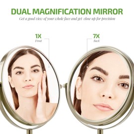 OVENTE 7\'\' Tabletop Makeup Mirror with 1X/7X Magnification, 360 Swivel Design and Double-Sided Free-Standing Vanity Mirror Perfect for Dresser, Bedroom and Office Desk, Nickel Brushed MNLCT70BR1X7X