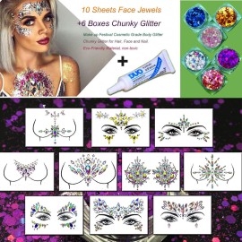 Face Body Gems Jewels Stickers,Body Jewels Stickers Stick on 10 Sets with 6 Boxes Chunky Glitter for Women Makeup Festival Face Body Gems Jewels Stickers,Body Jewels Stickers Stick on 10 Sets with 6 Boxes Chunky Glitter for Women Makeup Festival