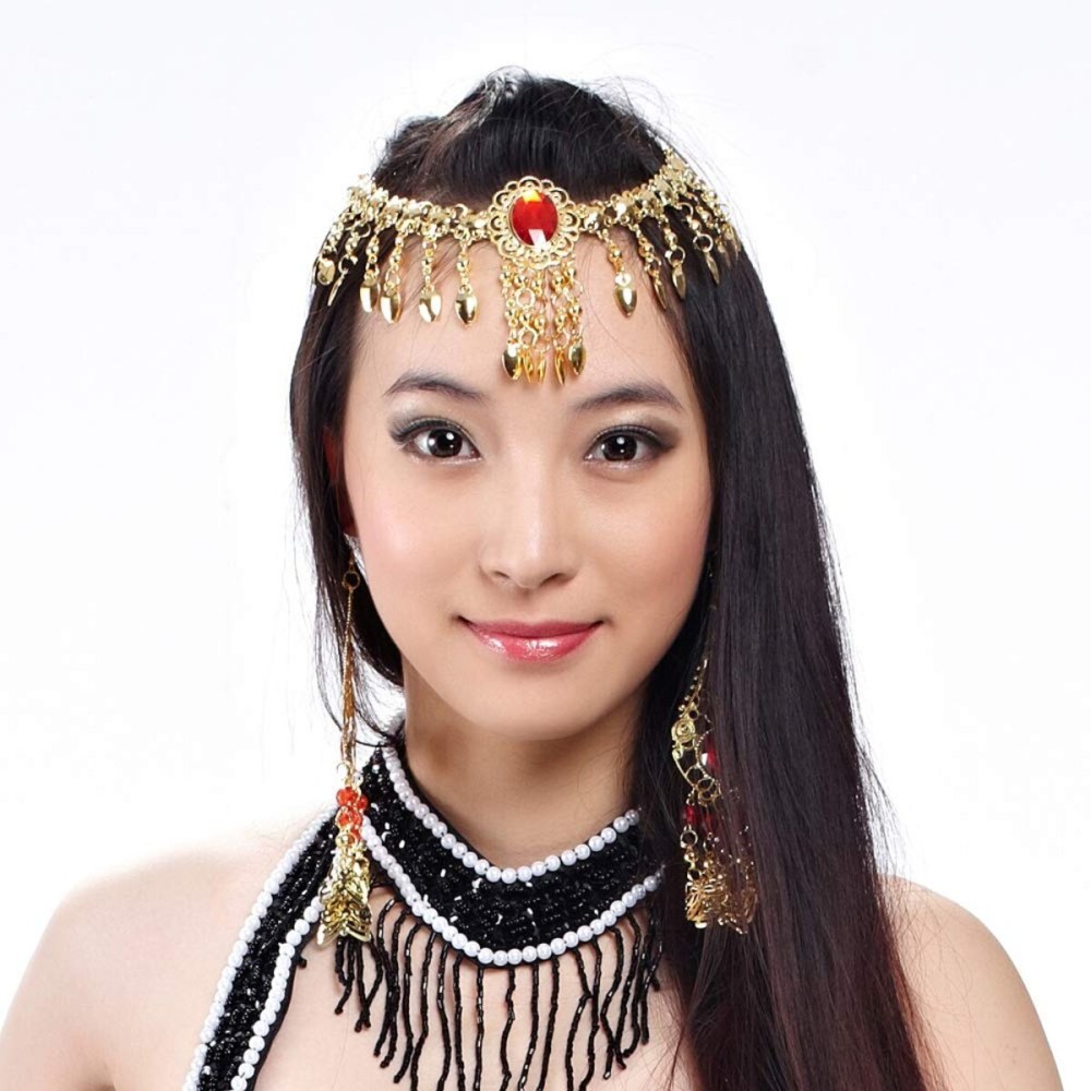 Big Red Crystal Rhinestone Head Chain Belly Dance Accessories Headpiece (Gold)