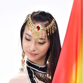 Big Red Crystal Rhinestone Head Chain Belly Dance Accessories Headpiece (Gold)