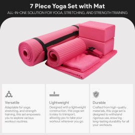 BalanceFrom 7-Piece Yoga Set with 71x24x0.5 Inches Extra Thick Mat and Carrying Sling - Includes 2 Blocks, Stretch Strap, 2 Towels, and Knee Pad for Home, Studio, and Gym Workouts