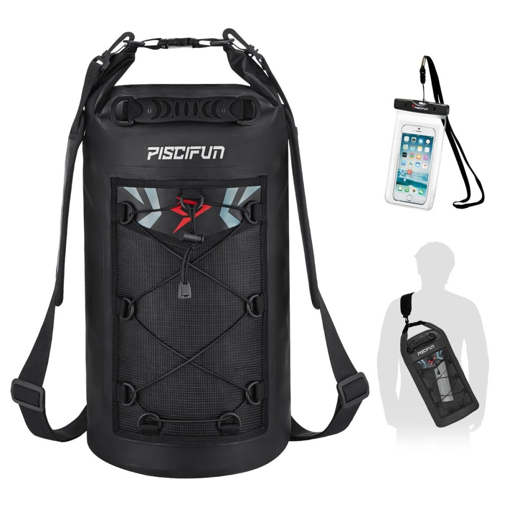 Piscifun Dry Bag, Waterproof Floating Backpack 20L with Waterproof Phone Case for Boating, Kayaking, Fishing, Black 20L