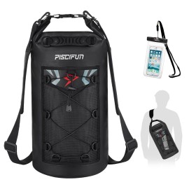 Piscifun Dry Bag, Waterproof Floating Backpack 20L with Waterproof Phone Case for Boating, Kayaking, Fishing, Black 20L