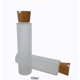 1PC 100ml/3.4oz Upscale Empty Refillable Frosted Glass Bottles Portable Cosmetic Jar Container Pot Vial Holder with Eco-friendly Bamboo Press Disk Top Cap for Lotion Essential Oil Essence Toner