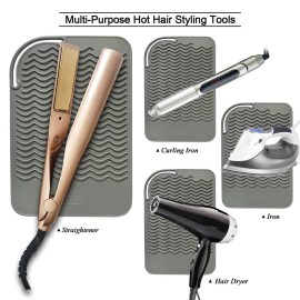 Sygile 11 X 7.5 Large Size Heat Resistant Silicone Travel Mat for Hair Straighteners, Curling Irons, Flat Irons, Other Hair Styling Tools, Portable Silicone Pad Cover for Travel Vanity Salon - Gray